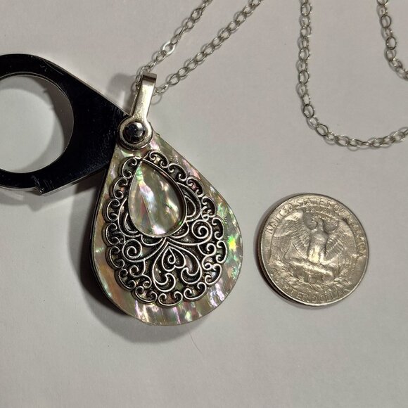 Magnifying Glass Mother of Pearl Ornate Style Embellishment Pendant Loupe Neckla - Picture 10 of 11